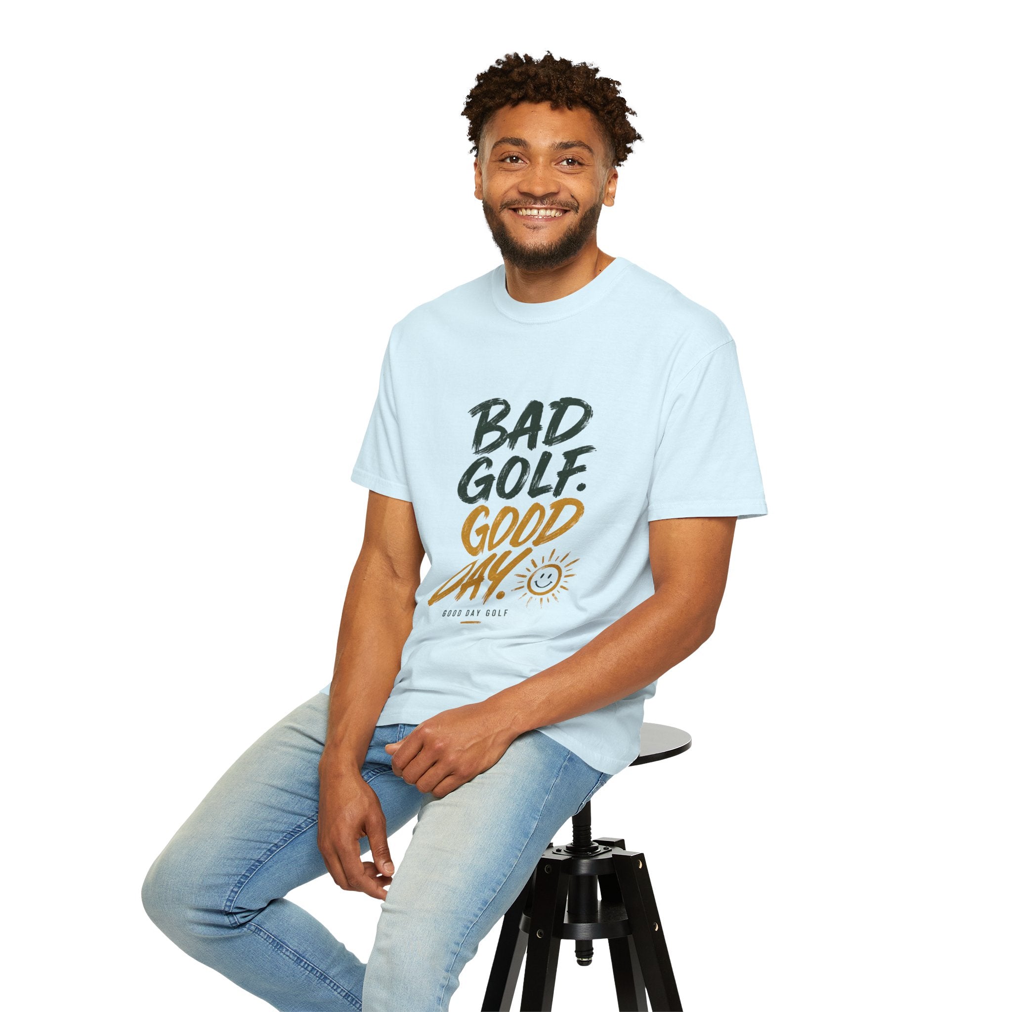 Bad Golf, Good Day T-Shirt — Funny Golf Tee with Sun Graphic