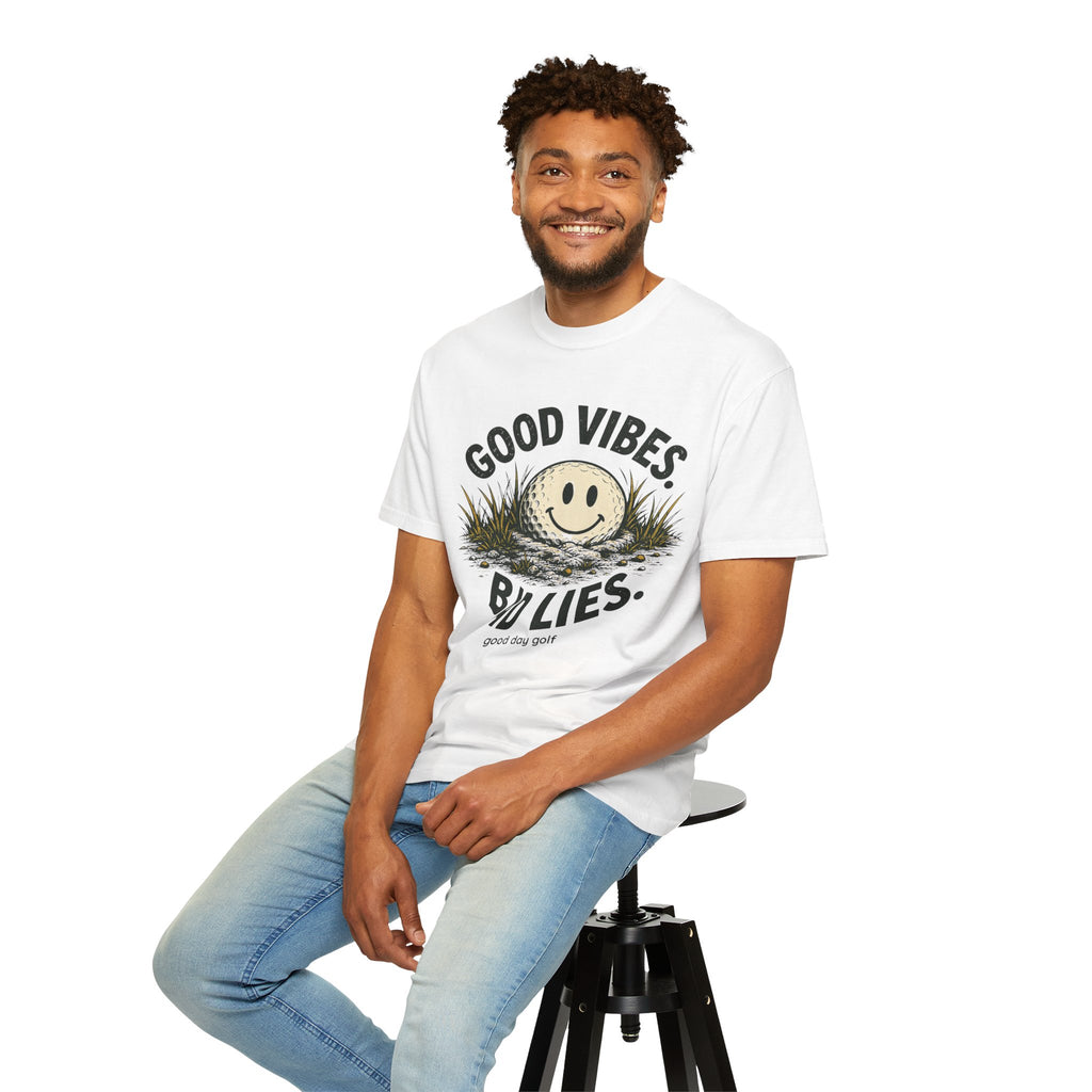 Good Vibes Bad Lies Golf T-Shirt — Retro Smiley Golf Ball Tee
