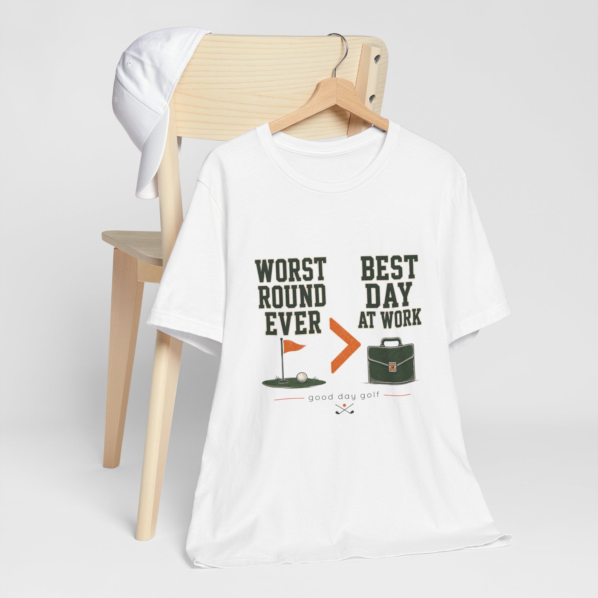 Golf Funny Tee — "Worst Round Ever > Best Day at Work" Golf Humor Shirt